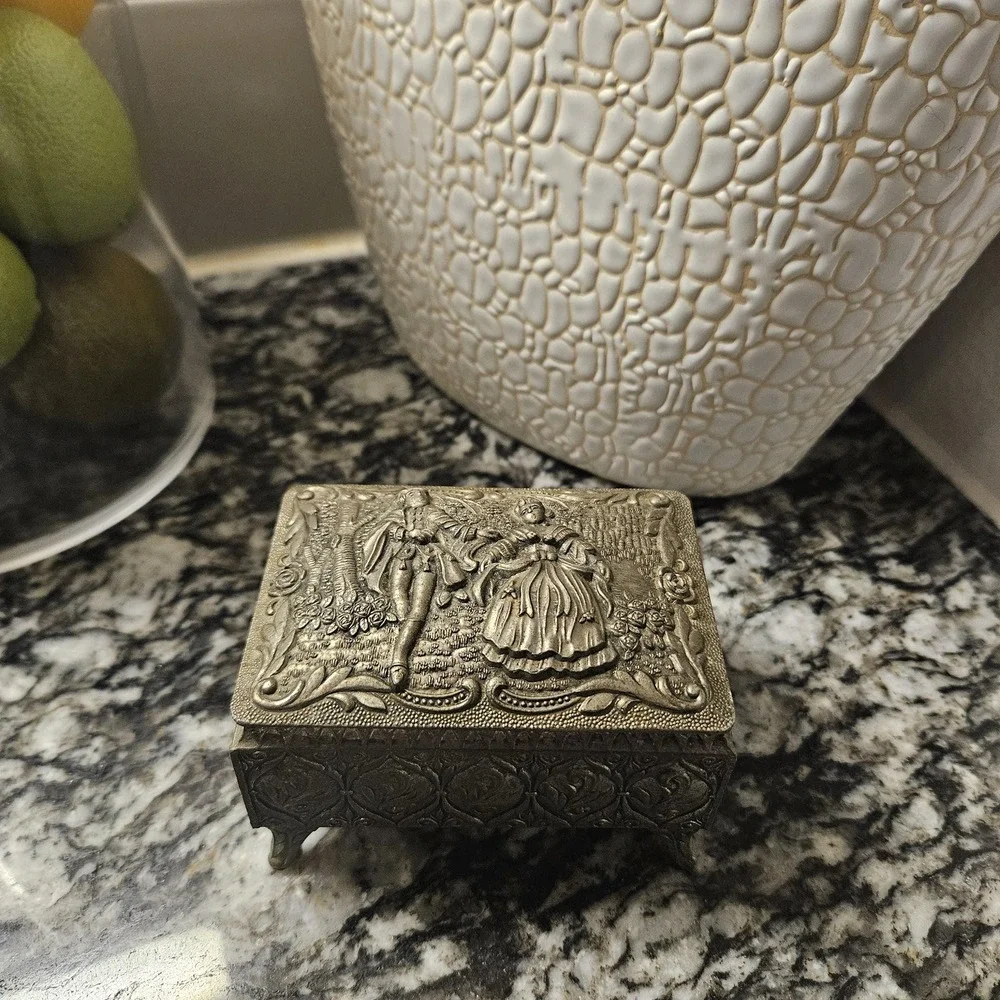 Vintage Ornate Metal Jewelry Box with Figural Design Trinket Keepsake Decor